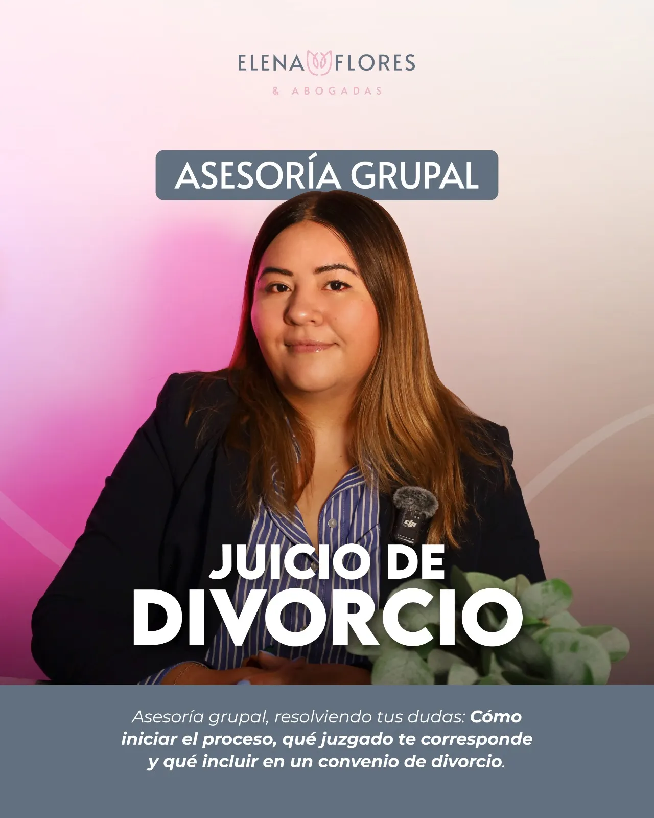 Una abogada de Elena Flores & Abogadas en el cartel de la asesoría grupal "Juicio de divorcio": cómo iniciar el proceso, qué juzgado te corresponde y qué incluir en un convenio de divorcio.